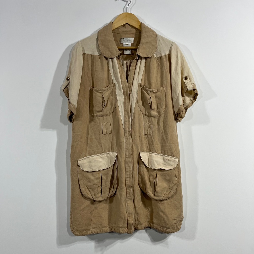 Steele Minimalist Euro Summer Linen Blend Safari Shirt Dress Preppy Womens Large